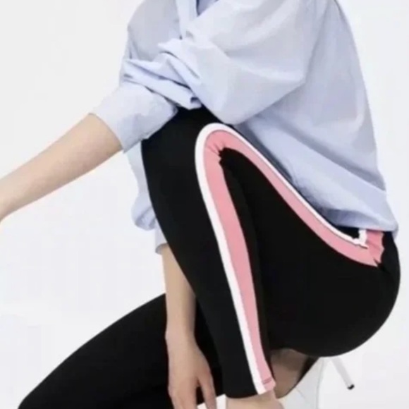 Zara Basic Women's Medium Pull On Legging Pink + White Stripe Athletic Pants - Picture 4 of 9